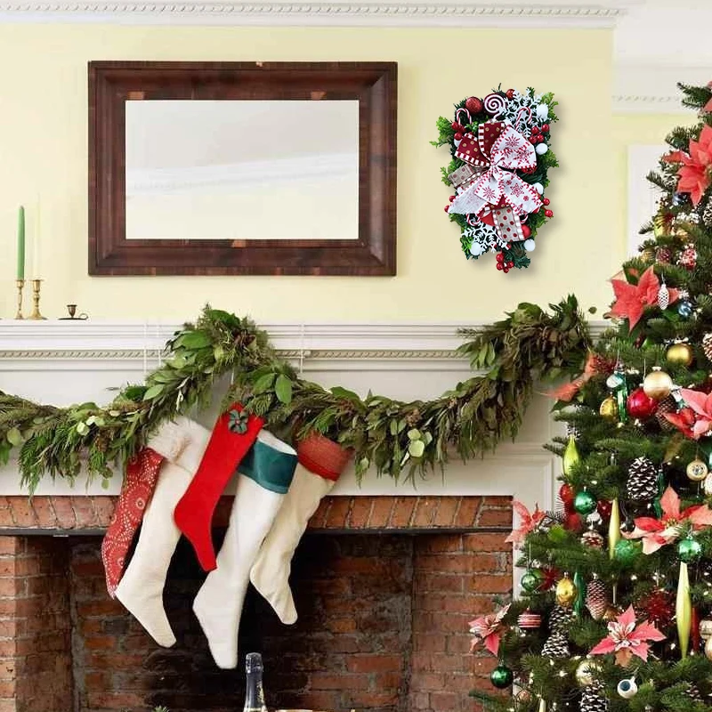 Christmas Wreath Garland Candy Cane Bow Ornament Front Door Wall Hangings Home Decoration