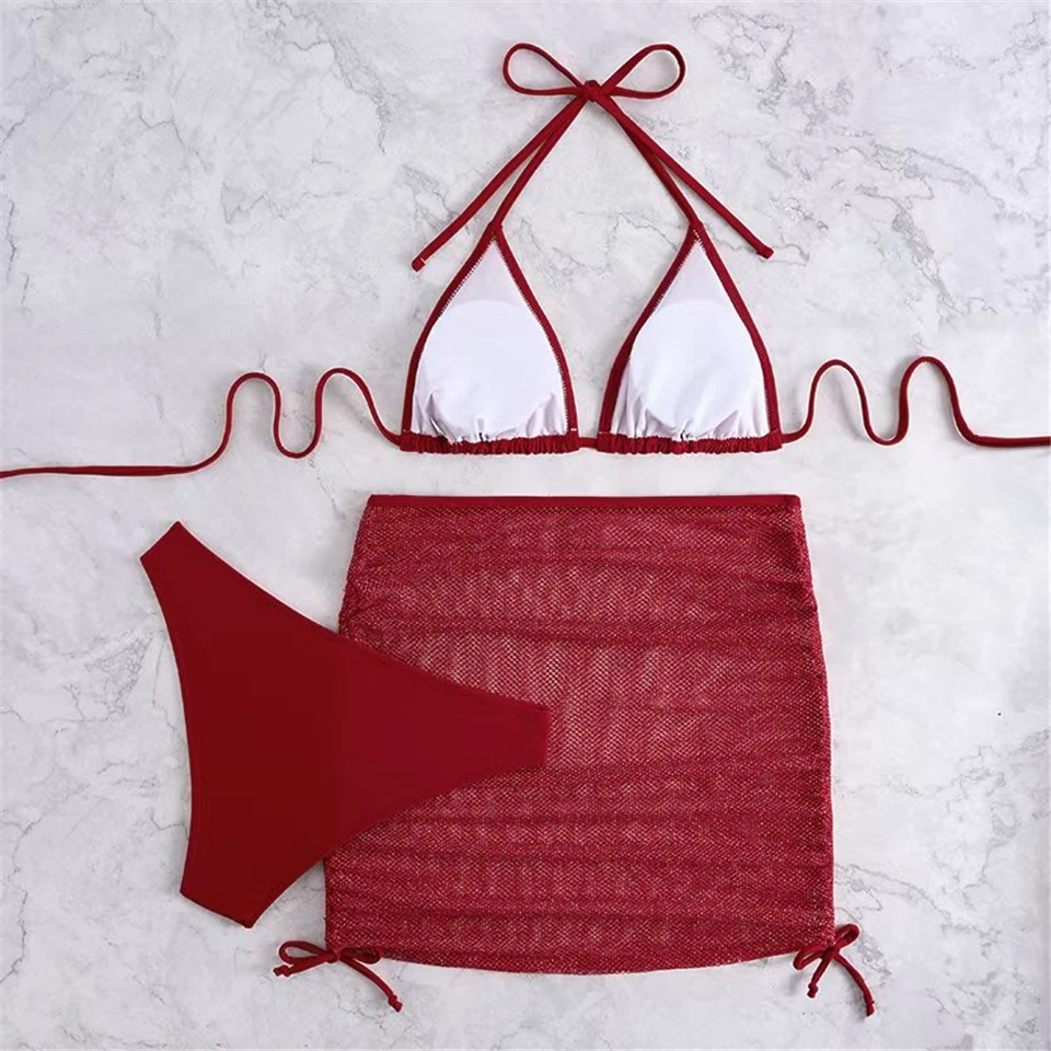 3ピース トライアングルビキニ水着 カバーアップ付きビーチスカート セクシー 無地水着 レディース 2025 水泳水着 夏