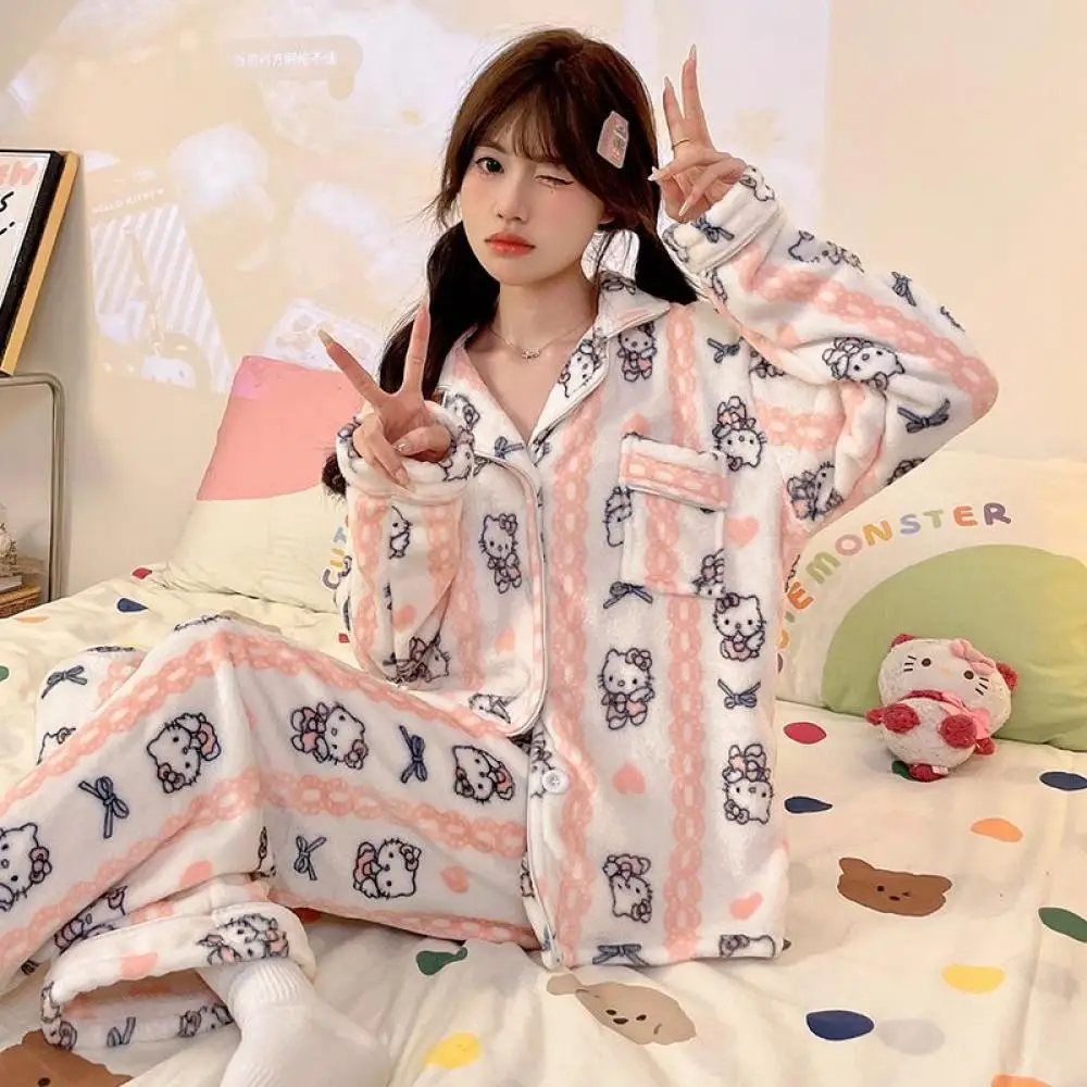 

Женский фланелевый пижамный комплект с мультяшным принтом Hello Kitty, зимний, из кораллового флиса, утолщенный, для девочек, с длинными рукавами и брюками, домашняя одежда