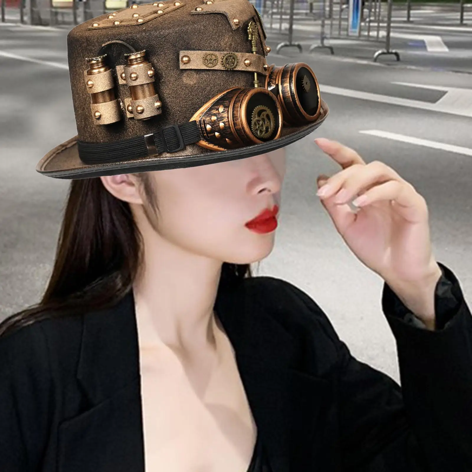 Steampunk Hats, Handmade Bowler Hat Stage Hat Gothic with Gear Glasses Denim Hat Headgear for Cosplay Decor Party Fancy Dress