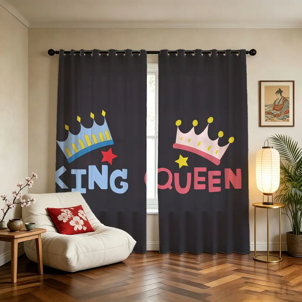 King Queen Crown Print 2 Panels Curtains Printed Darkening Curtains Light Blocking Rate 85% Couple Bedroom Decor Curtains