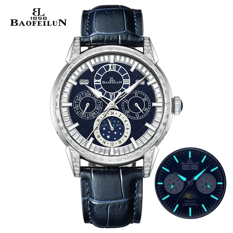 

BAOFEILUN Luxury Diamond-Set Automatic Watch Moon Phase Full Calendar 5ATM Leather Strap Sapphire 42mm Men's Starry Sky Watches