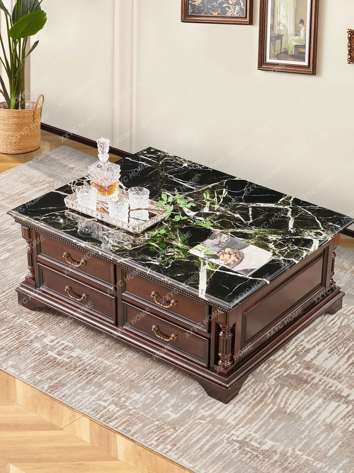 Log all solid wood square coffee table living room household square marble retro style coffee table