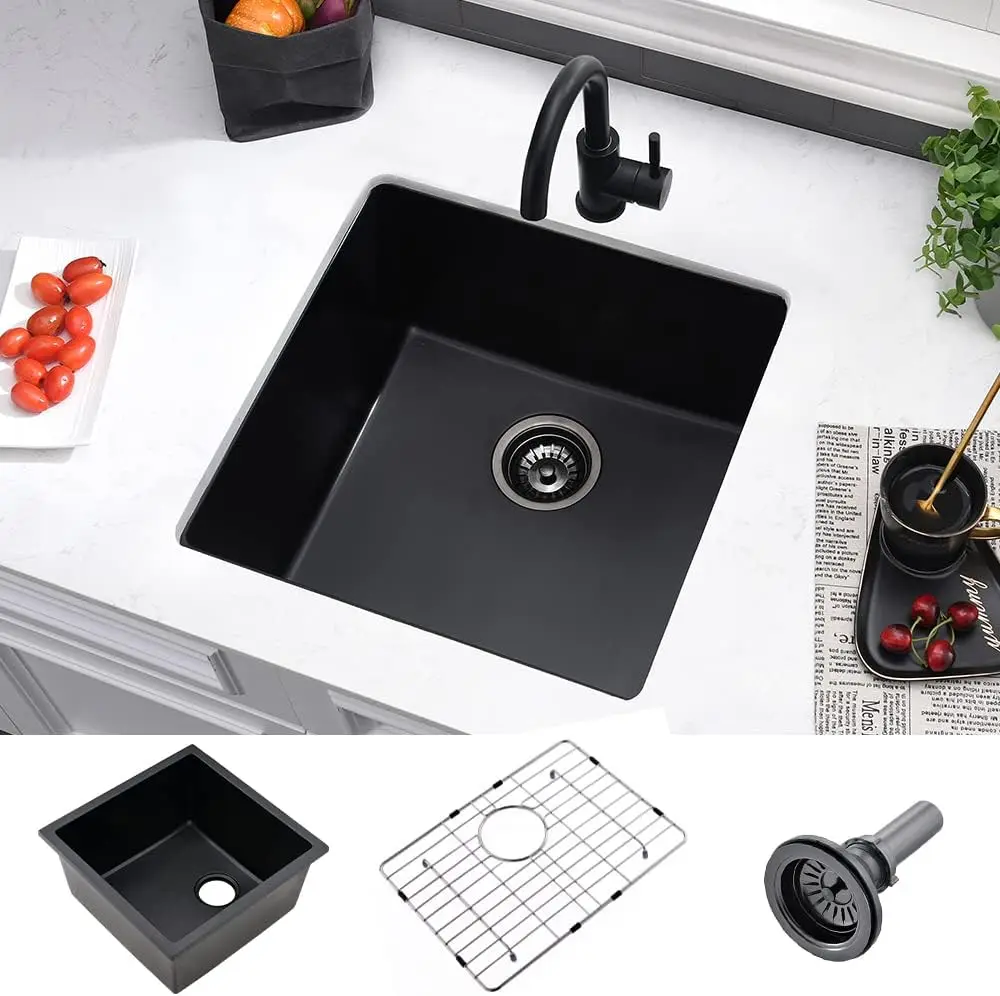 

21-дюймовая черная барная раковина Undermount, одинарная чаша из кварцевого композита с решеткой и сливом
