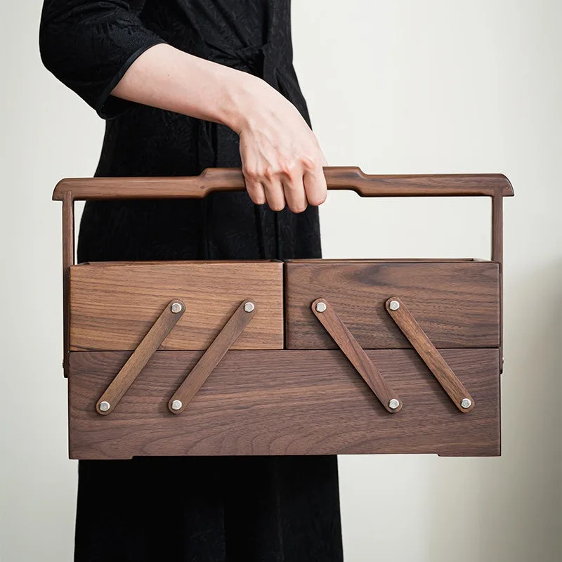 Walnut multi-layer portable storage box, outdoor picnic afternoon basket, tset, food box,  table storage and finishing