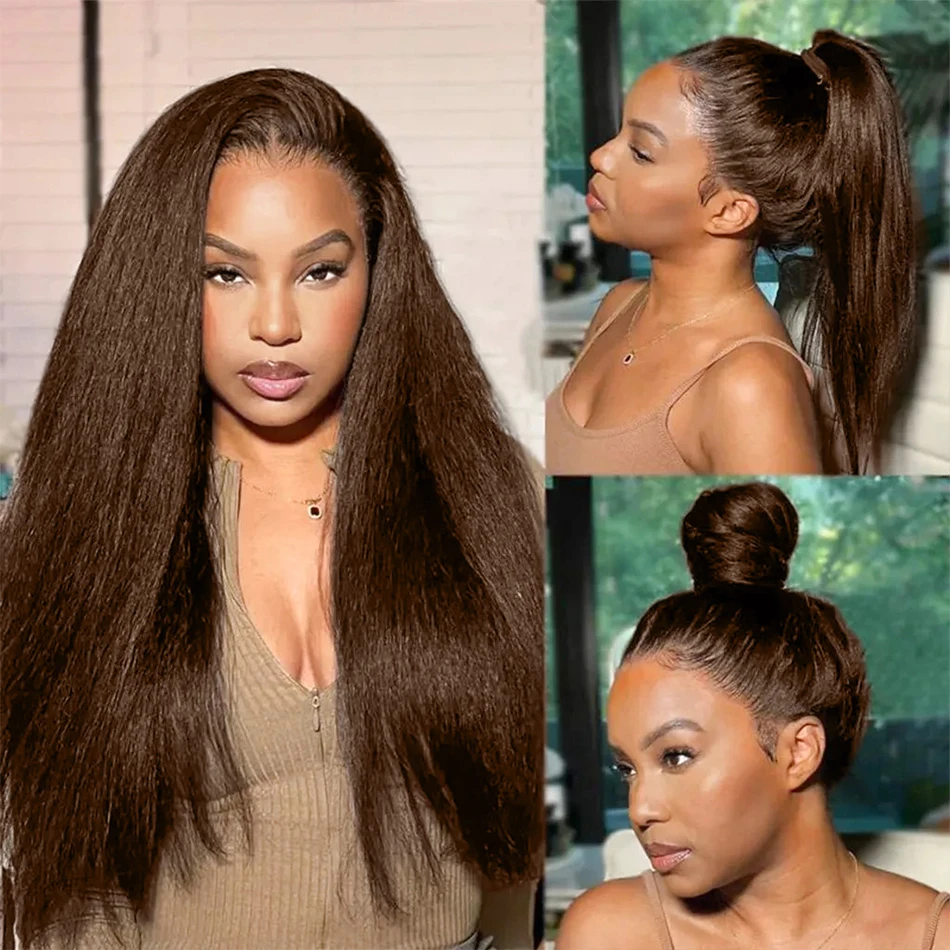 

Chocolate Brown Lace Front Wigs Kinky Straight 13x6 Transparent Lace Frontal Wig Pre Plucked Barzilian Remy Brown Colored Wig