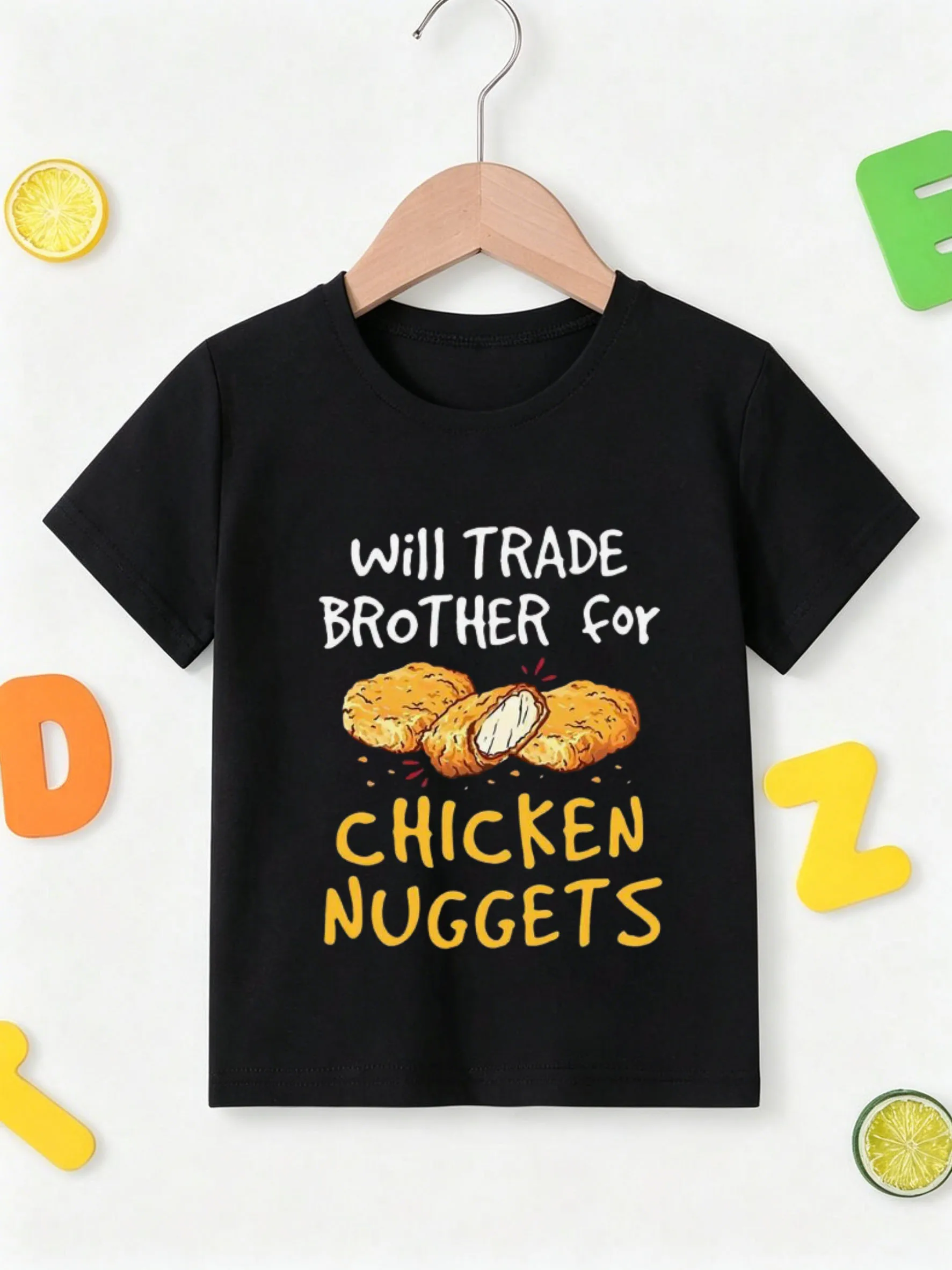 Funny Sibling Themed Kids T-Shirt Hand-Painted Chicken Nuggets Print Girls Casual Crew Neck Short Sleeve Summer Casual Tops