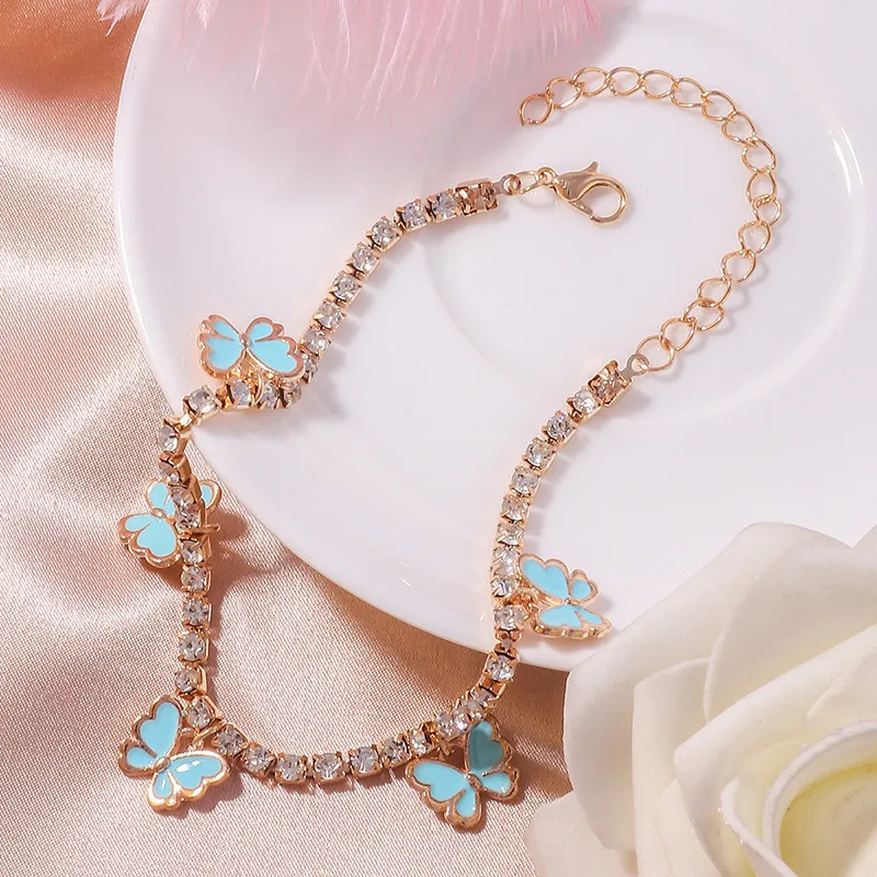 Aihua Kristall-Strass-Tenniskette Fußkettchen für Damen, niedliches Mini-Schmetterlings-Fußkettchen, Fußkettchen, Beinarmband, Strand-Schmuck – Detail 2