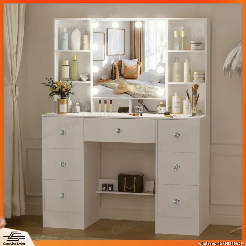 7-Drawer Vanity Dressing Table with 10 Dimmable LED Lights Large HD Mirror Modern Makeup Desk Ample Storage Bedroom Dresser