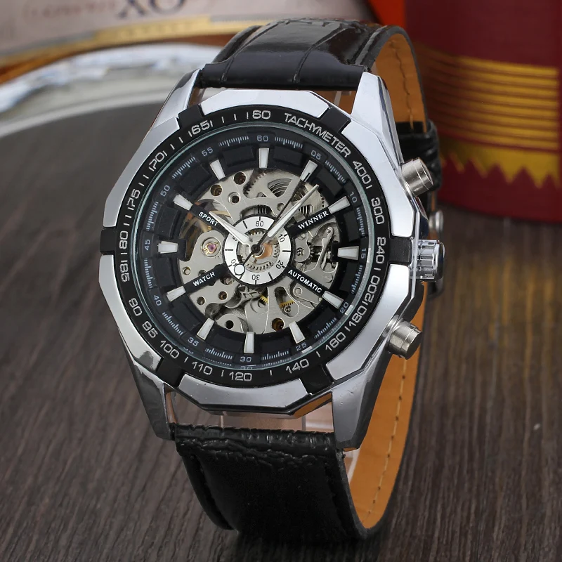 

High-quality Winner official retro Waterproof Men Transparent Skeleton Watches Leather Mechanical Automatic Tourbillion Clock