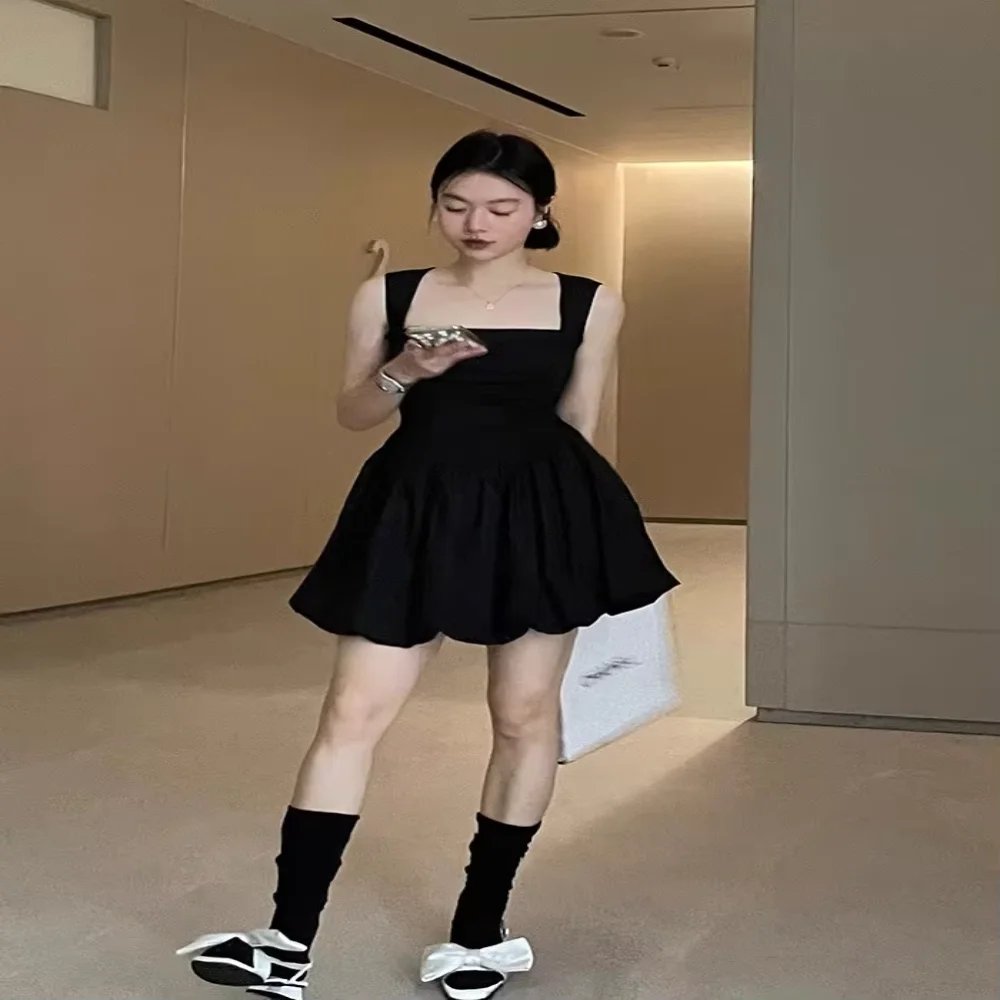 

블랙 섹시한 하이 웨이스트 슬리밍 공주 퍼프 스커트 탱크 드레스 여성을위한 여름 우아한 허리