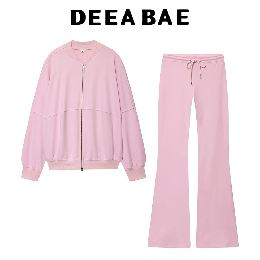 DEEABAE 2025, Herbst Neue Damen Einfache Ineinandergreifende Pilotenjacke Set mit doppelseitigem Stoff, lässige Glockenhose