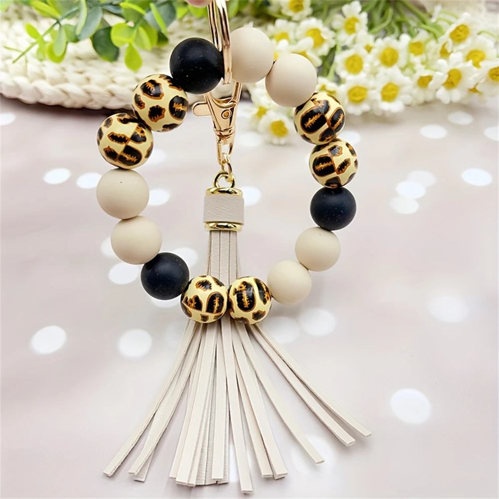 1pc Keychain Leopard-print Acrylic Bead Bracelet With PU Tassels And A Keychain Keyring Fashion Girl