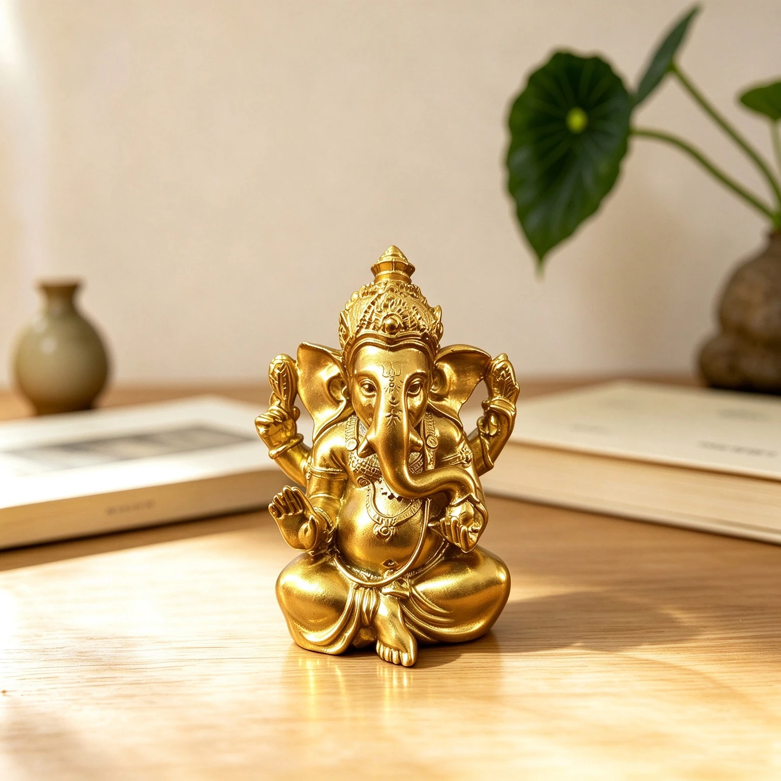 Golden & Bronze Ganesha Statue Buddha Figurines Sculptures Car Garden Home Decoration Ornaments (Include A Car Mat )