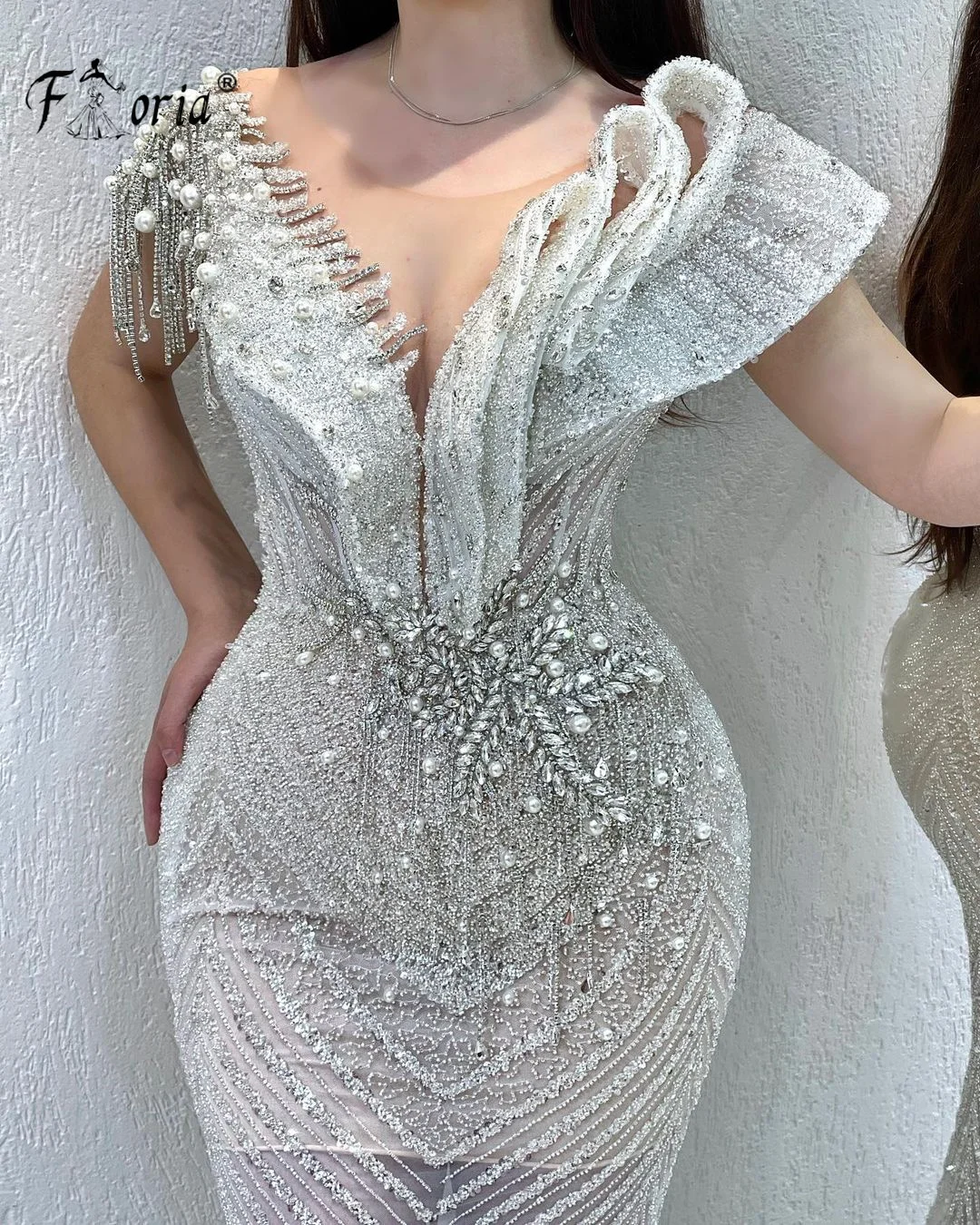 Haute Couture Dubai Zeemeermin Formele Avondjurken Kralen Parels Feestjurken Witte Lovertjes Kristal Formele Prom Dress Trouwjurk 2023