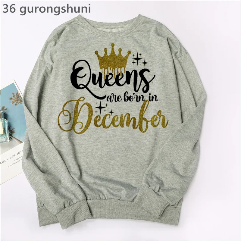2025 Corona Dorada Reina nacen en enero a diciembre Sudadera con capucha gris Ropa de mujer Regalo de cumpleaños Sudadera Chándal de moda