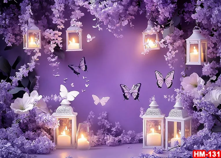 Fotografi Latar Belakang Musim Semi balon bunga kupu-kupu ungu dekorasi kue Smash Bayi Shower anak potret latar belakang Studio foto