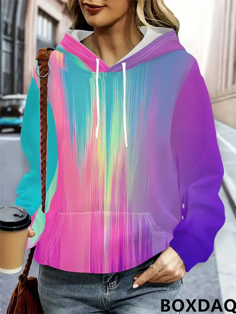 Women's Hooded Long Sleeved Pocket Drawstring Sweatshirt Casual Gradient Printed Loose Autumn Sportswear 2026 Women Street Coat