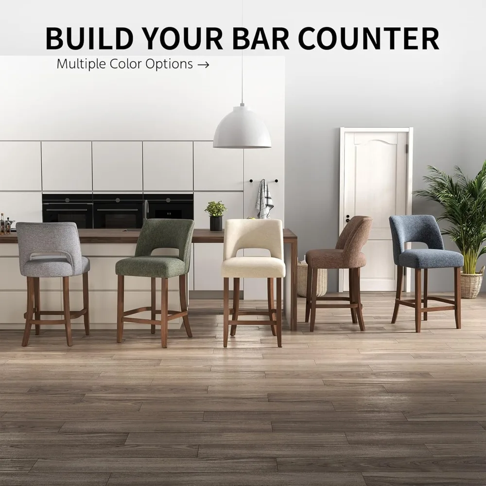 مجموعة مقاعد البار مكونة من 2، مقاعد بار منجدة بارتفاع العداد، مقاعد حديثة مع أرجل خشبية لتناول الطعام في جزيرة المطبخ #6