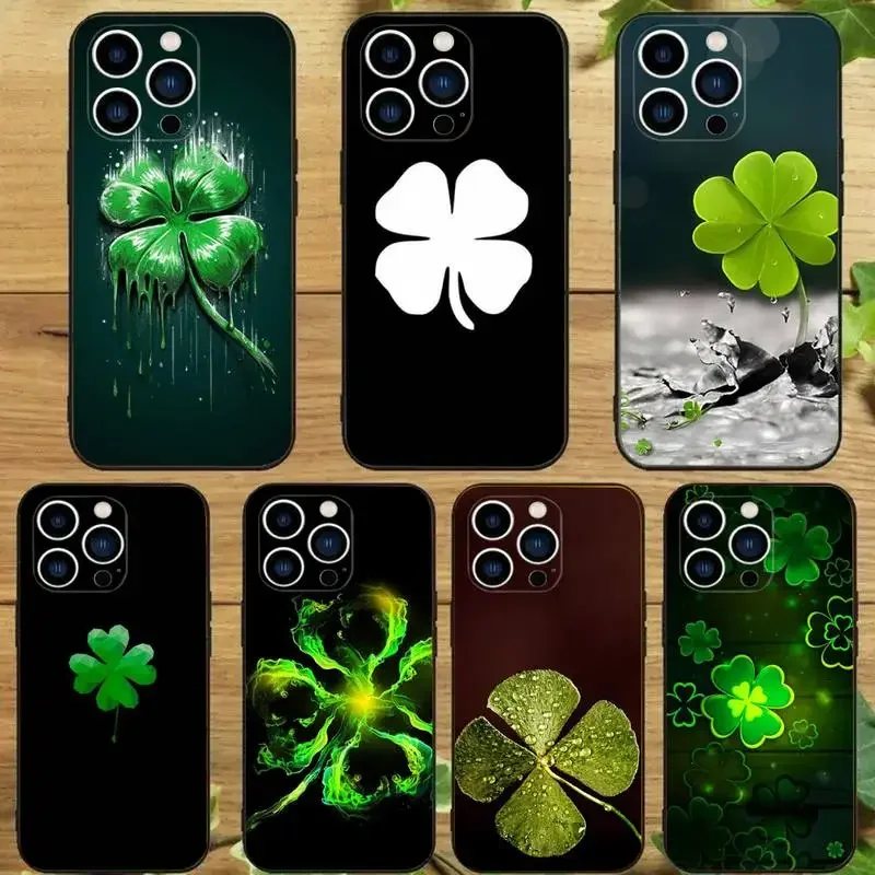 

Lucky Four Leaf Clover Phone Case For iPhone 15 14 13 12 11 Pro Max Xs Xr X 7 8 Plus 12 13 Mini Silicone Black Cover