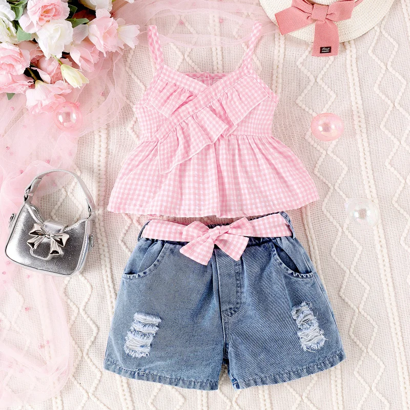 Summer Cute Doll Girl's Outfit with Bubble Plaid Suspender Dress+Ripped denim shorts two-piece set