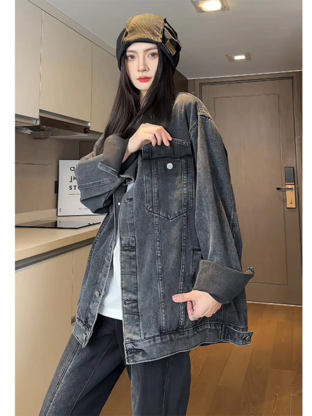 

Ретро-куртка из серо-черного денима в американском стиле для мужчин, осенне-зимняя, премиум-класса, унисекс, модная рабочая куртка в повседневном стиле