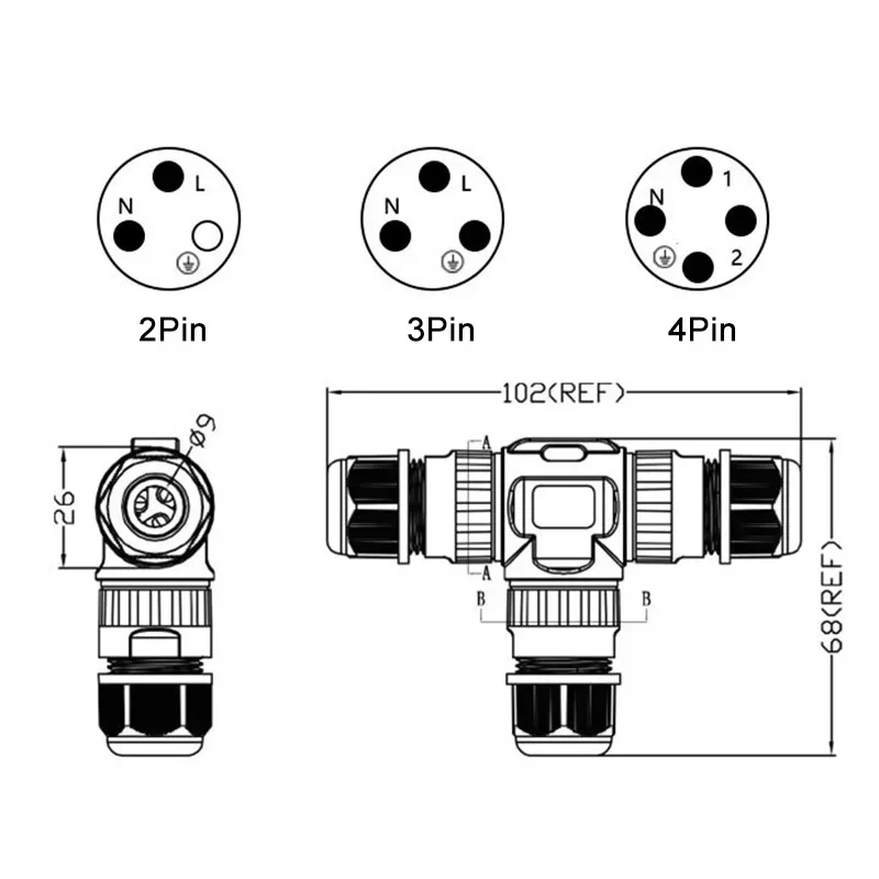 Waterproof M20 T-type 3Pin Connector Cable 24A 400V IP68 2 3 4 pin Outdoor 5-12mm LED Street Lamp Screw Wire Junction Box