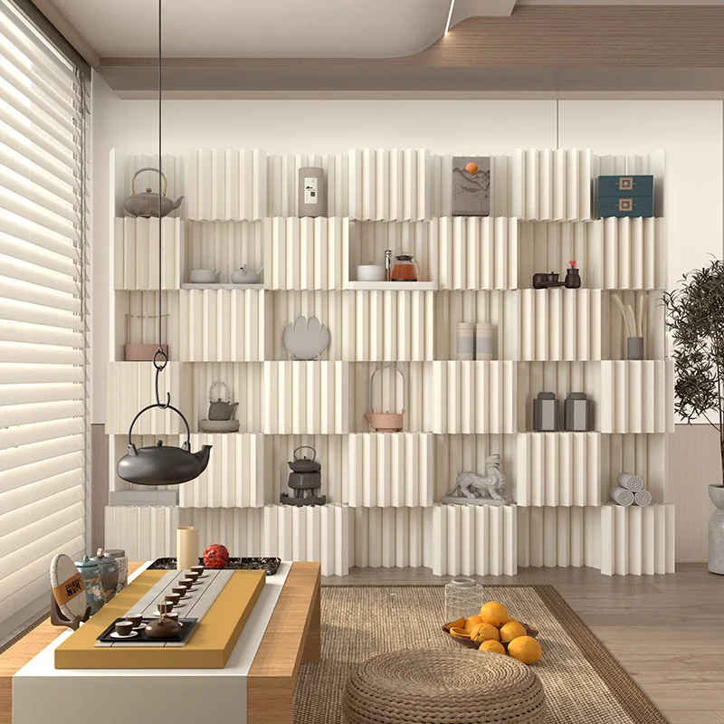 Concave-convex Shaped Room Divider with Storage, Movable Foldable Paper Partition Baffle Wall, Decor Screen for Multi-scene