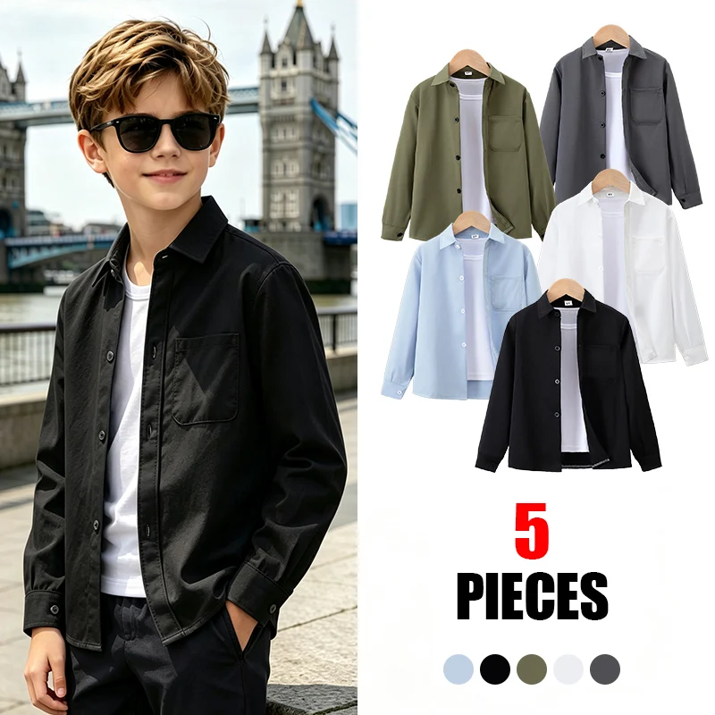 5-Pcs Summer/Autumn Children's Shirt New Solid Color Multi-Color Casual Multifunctional Fashionable Lapel Shirt Long Sleeved Top