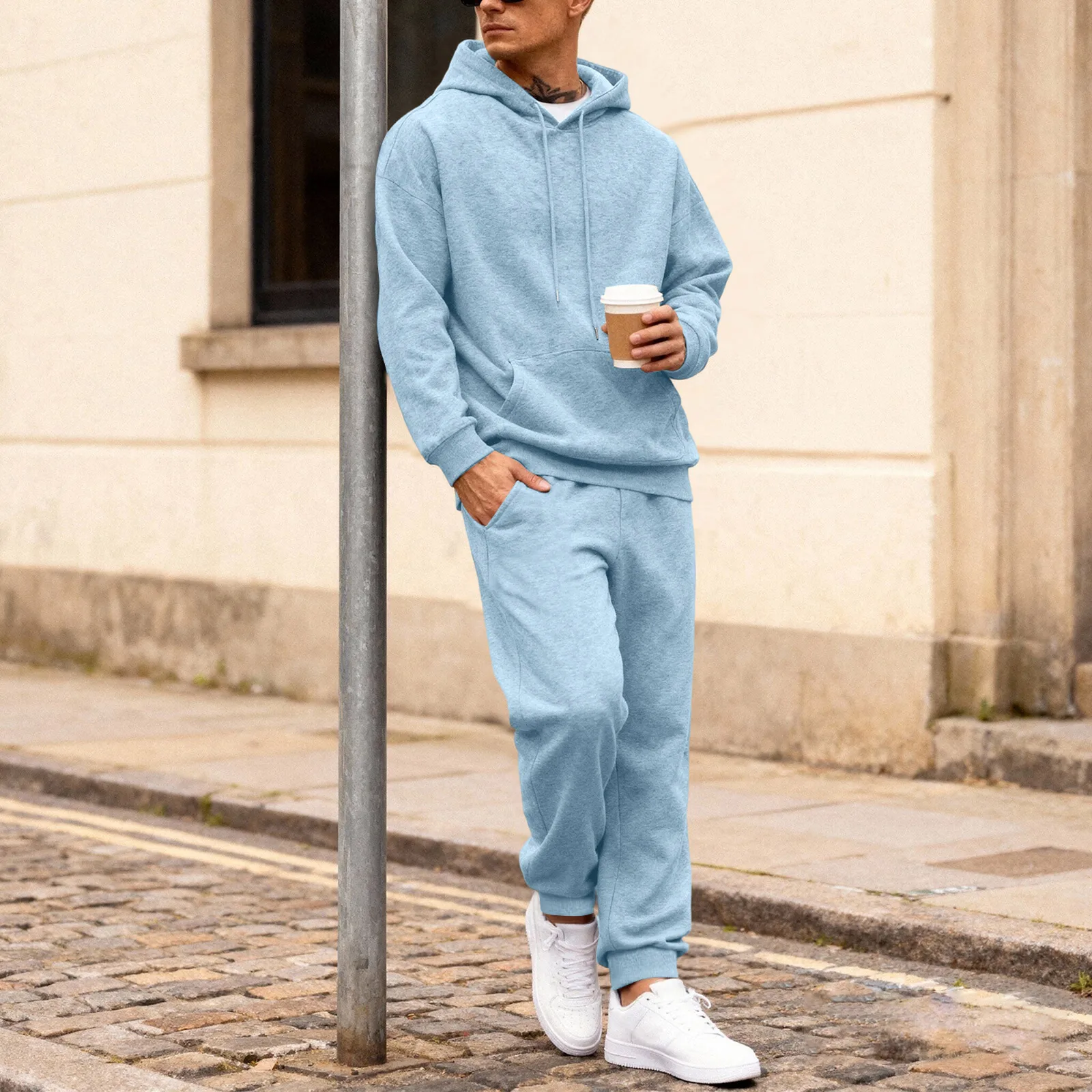 بدلة رياضية رجالية مبطنة بالصوف الحراري مكونة من قطعتين، سويت شيرت بقلنسوة، سترة ركض كاجوال للشتاء في الهواء الطلق بلون واحد #2