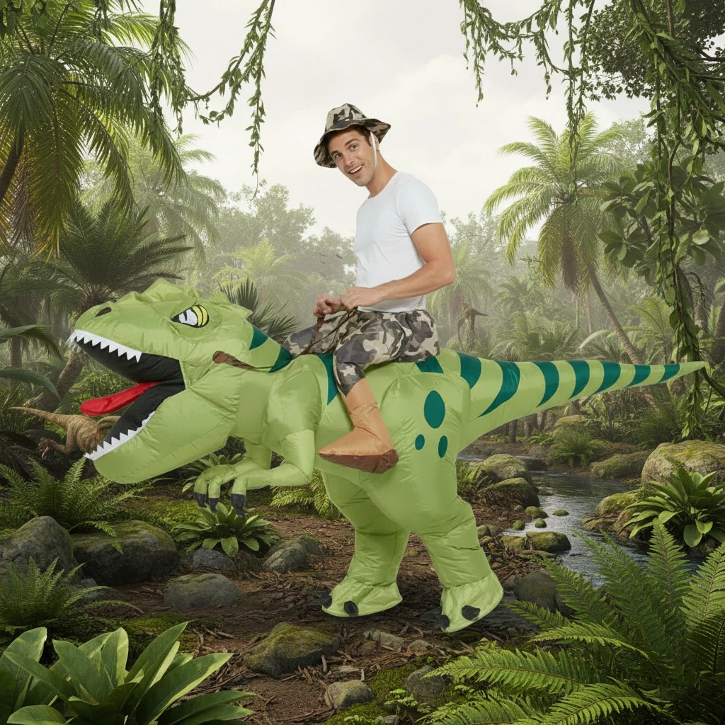

Adult Inflatable Dinosaur Riding T-Rex Costume Funny Blow Up Suit Unisex for Christmas Thanksgiving Carnival Cosplay (155-190CM)