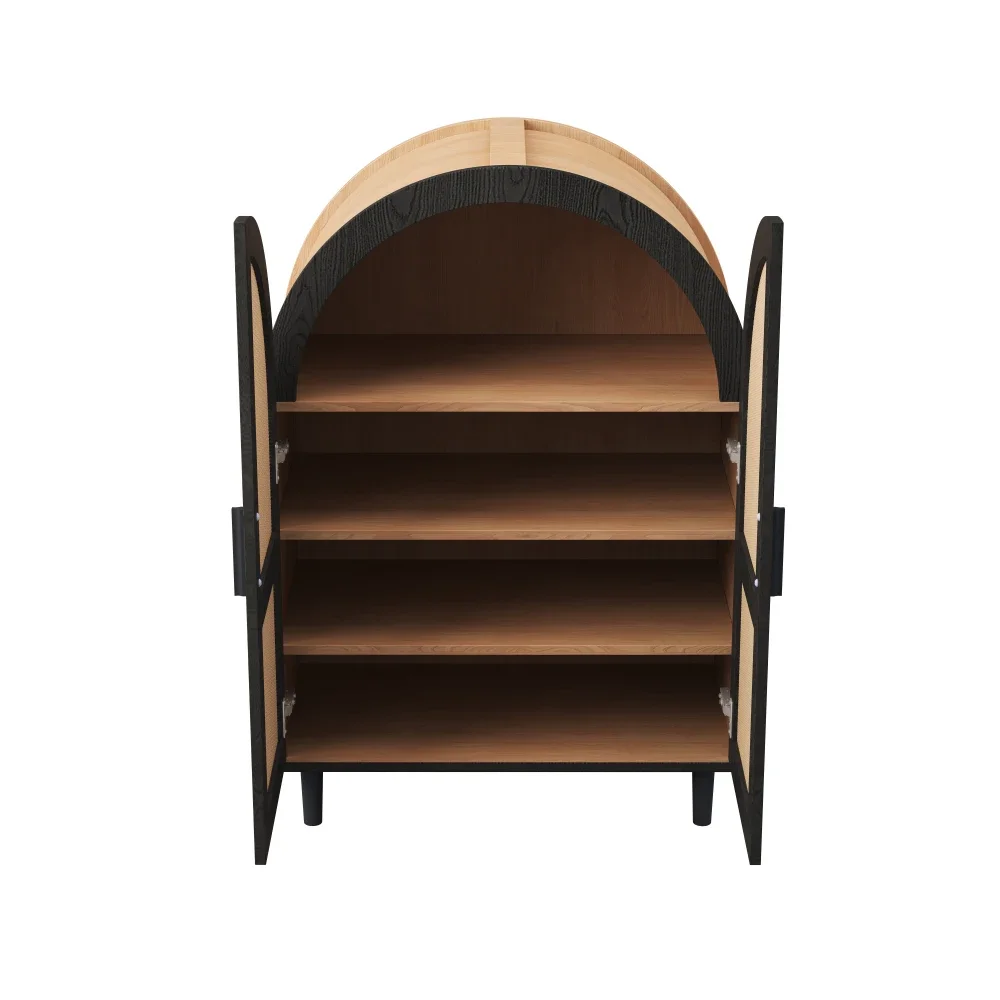 Elegantes Sideboard/Schuhschrank mit abgerundeten Außentüren, gebrochenen Rattan und drei Regalen. – Detail 16