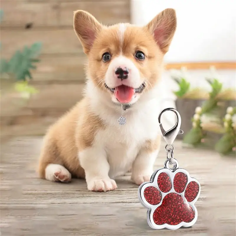 500pcs Personalized Paw Glitter Dog Tags Engraved Cat Puppy Pet ID Name Dog Collar Pendant Tag
