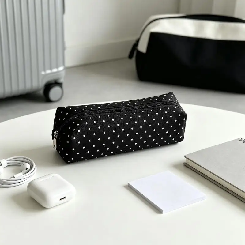 31BA Dotted Print Pencil Case for Pens and Pencils, Canvas Zippered Closure for Student Classroom and Library