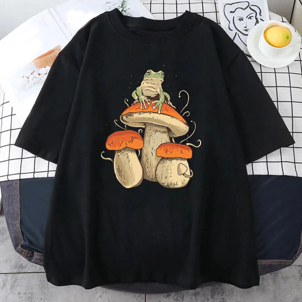 Mushroom Frog Funny Cotton T-Shirts Printed Men Women Casual Short Sleeve T Shirt Oversized Harajuku Unisex Tees Tops Clothing