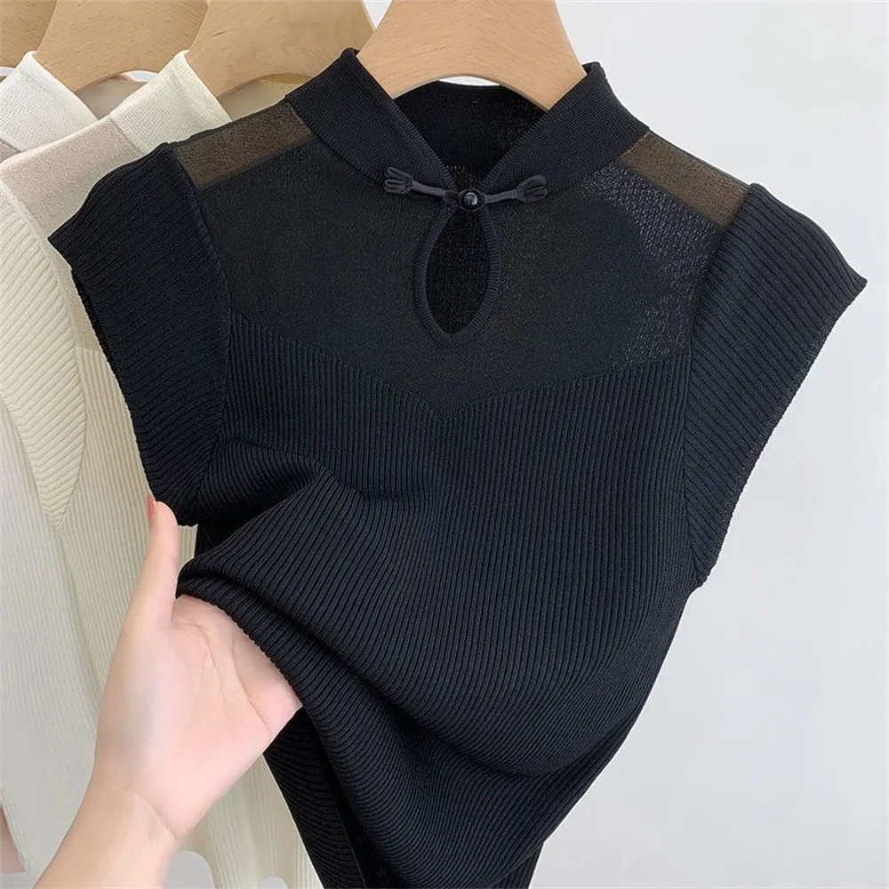 

2025 Basic Lace Mesh Patchwork Solid Thin Summer Pullover Women Knitted Sweater Slim Short Sleeve Bodycon Sweater Sweet Tshirts