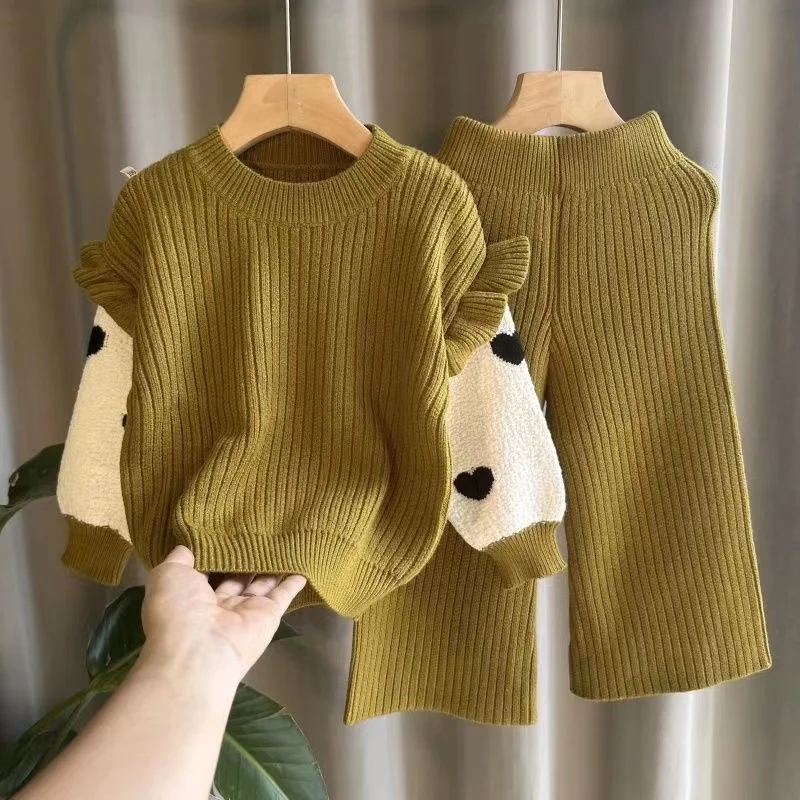 Children\'s Clothing Girl\'s Sweater Set Girl\'s Baby Top Wide Leg Pants Autumn And Winter Knitted Sweater Stylish Two-piece Set