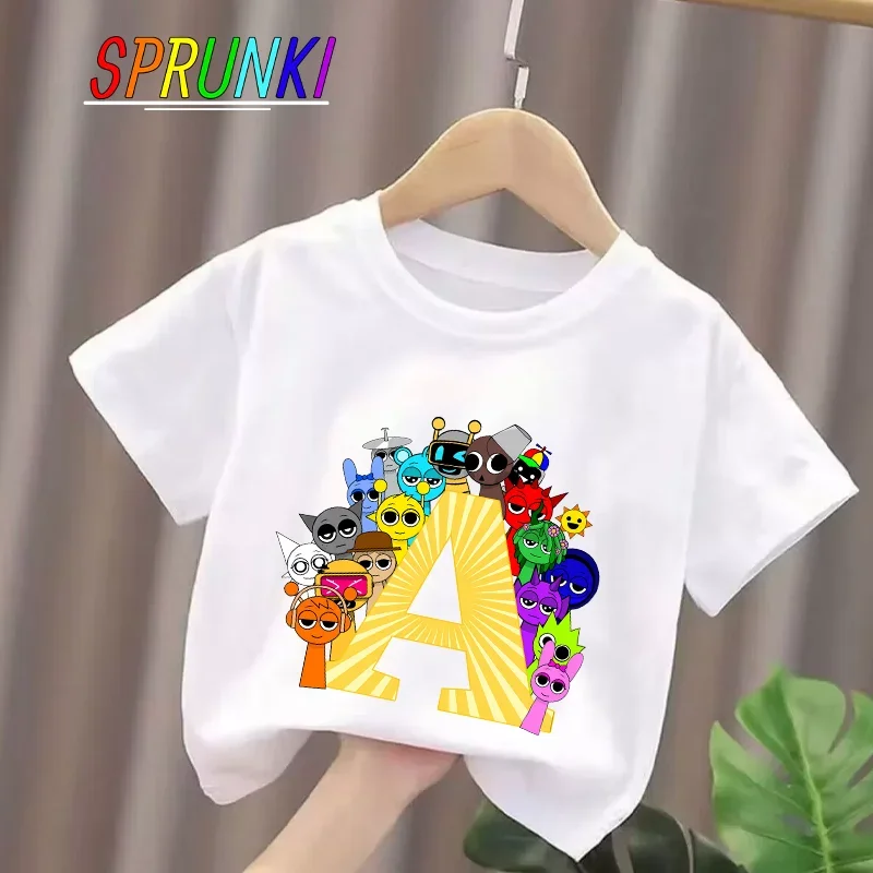 

New Sprunki Letter A-Z T-shirt for Children Cute Cartoon Short Sleeved Summer Top Fashion Kid Clothes Boy Girl Tee Birthday Gift