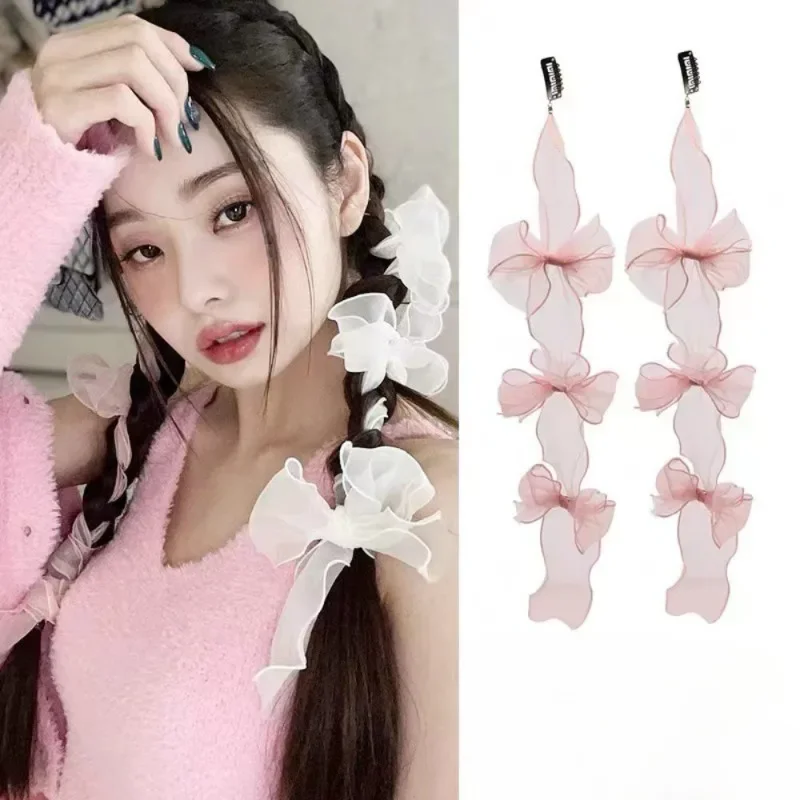 Mesh Bow Headband Double Ponytail Braided Ribbon Long Pink Lace Headband Women Korean Streamer Lustrous Super-Fairy Braided Hair