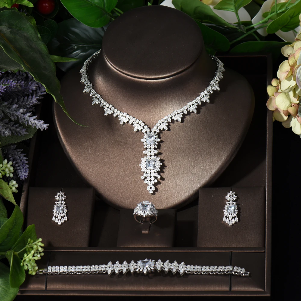 HIBRIDE Gorgeous Nigerian Dubai Cubic Zirconia Square Bridal Jewelry Sets for Women Luxury Wedding Collection Accessories S-008