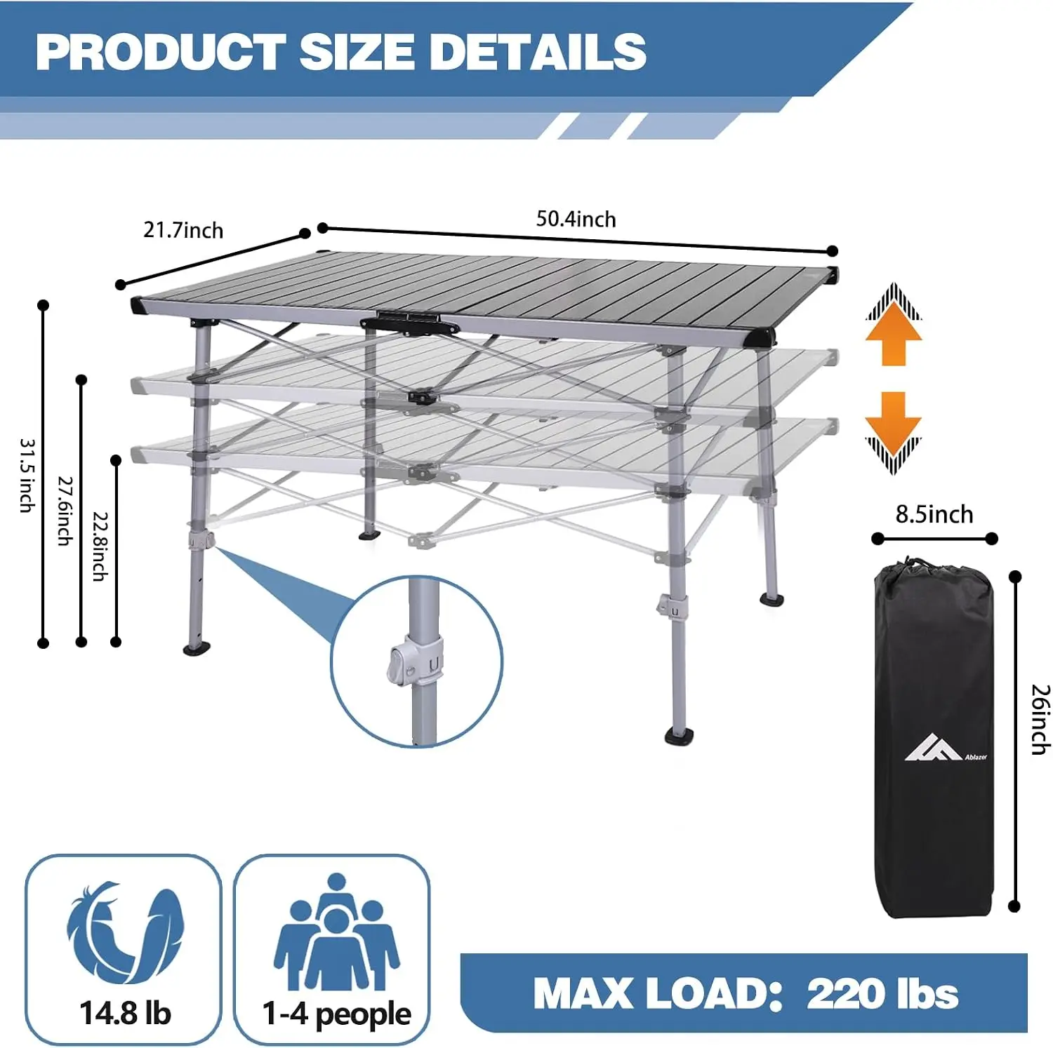 Camping Table with Carry Bag, Adjustable Height Portable Table for Outdoor, Camping, Picnic, Beach, Aluminum Picnic Roll-up