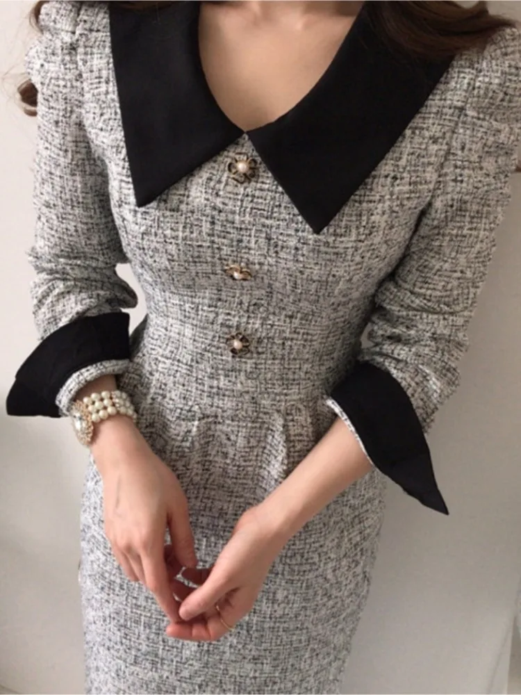 Ele Autumn New Sle Women's Dr Slim Fit Tweed A-Line Long Skirt Vintage Small Fraance Sle Seven Sve Long Dr