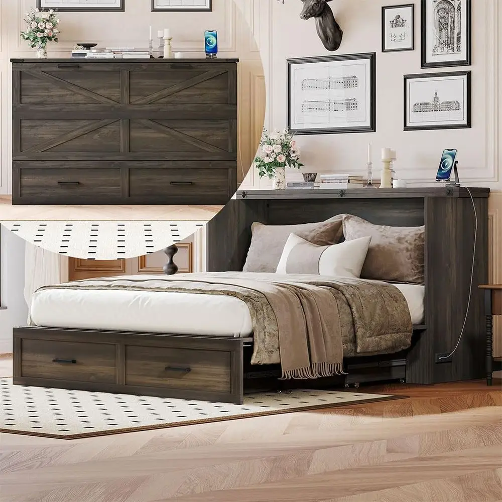 

Space-Saving Brown Murphy Bed Cabinet with Storage, Charging Station, and Large Drawers for Home Office or Guest Room