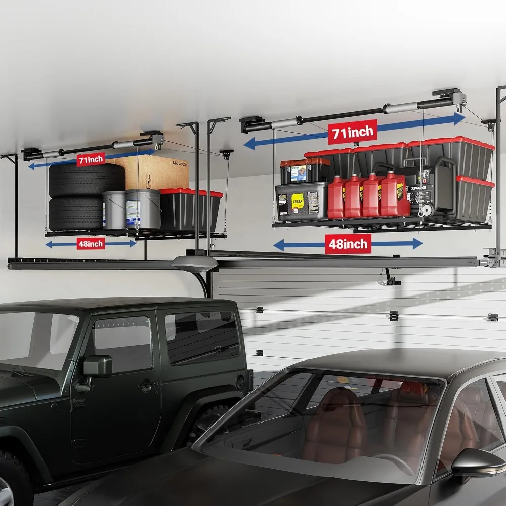 Overhead Garage Storage Rack 4x4 Ft Heavy Duty Adjustable Ceiling Rack 71 Inch Axle 350lbs Black