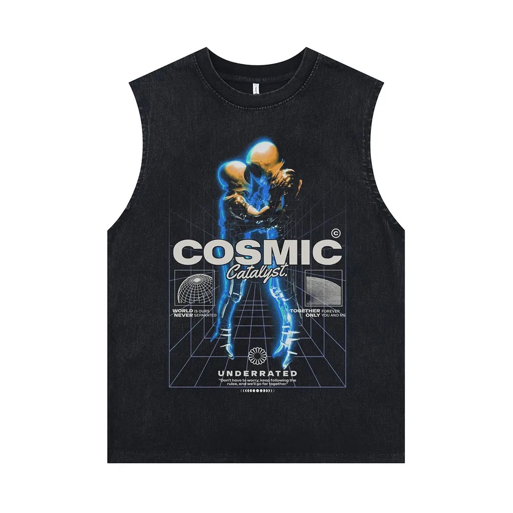 

Comic Robot Skull Graphic Streetwear Washed Vest for Women Men Distressed Sleeveless Oversize Grunge Goth Summer Tops Tee Shirts