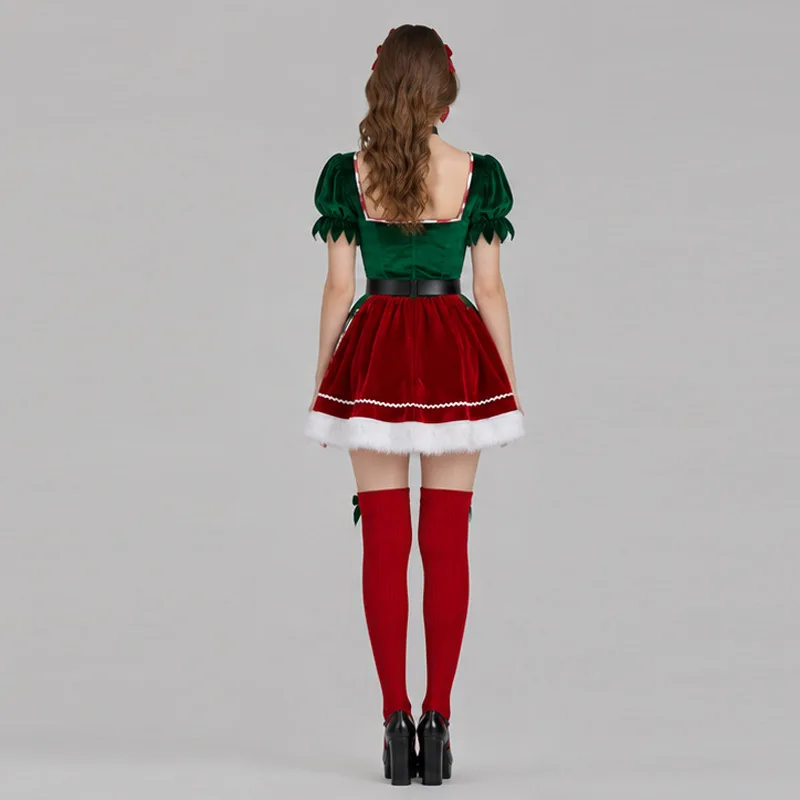 Modisches Damen-Weihnachts-Elfen-Cosplay-Kleid mit Puffärmeln und Kontrastrock mit weißem Fellrand, Weihnachtsthema, Weihnachtsmann-Partykostüm – Detail 5