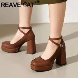 REAVE CAT Vintage Women Pumps Toe Chunky High Heels 9.5cm Platform 2.5cm Shoes Buckle Strap Splice Big Size 41 42 43