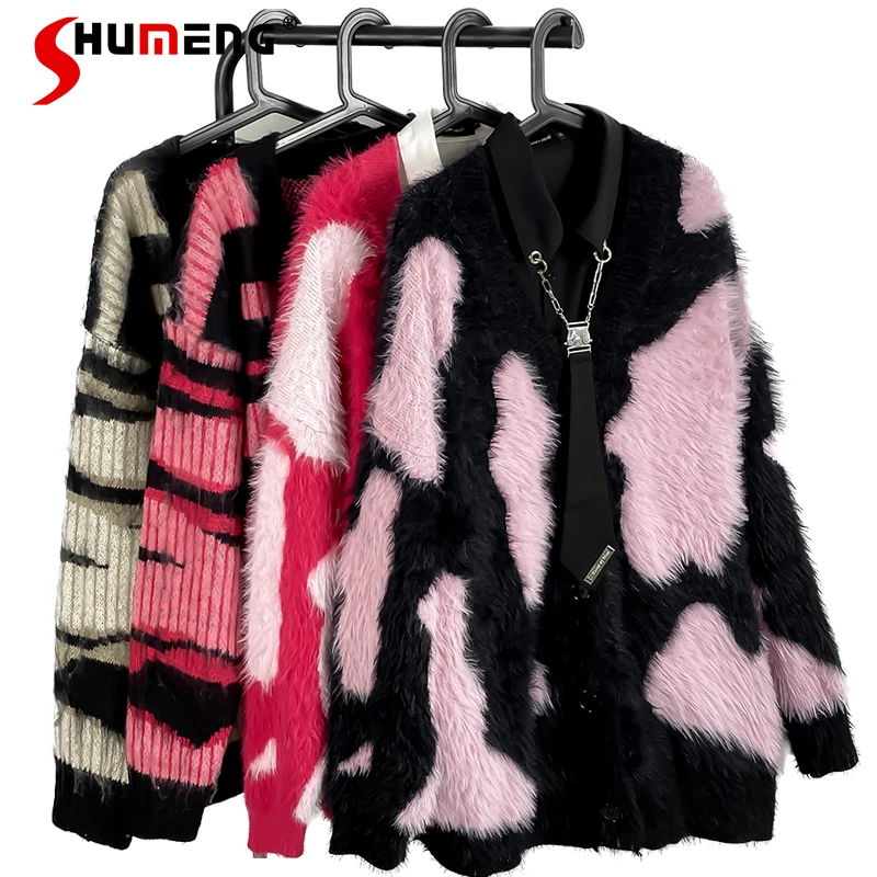 

Women's 2023 Autumn Winter New Cardigan Sweaters Fashion Loose-Fitting Long Sleeves Single-Breasted Knitted Coats V-neck Tops