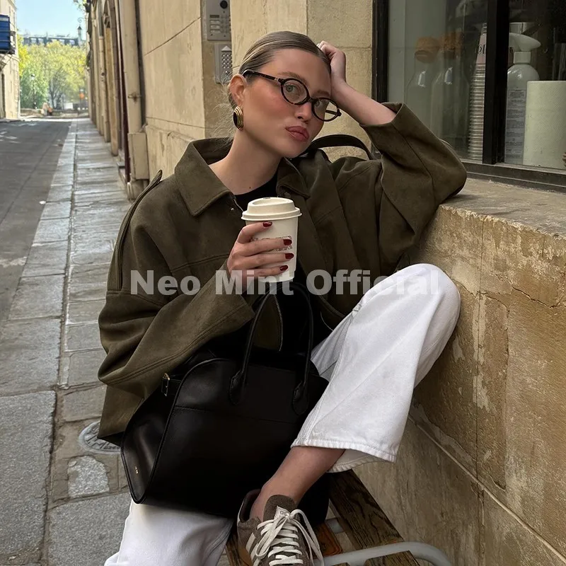 Neo Mint Hot Brand Blogger Fashion Olive Green Suede Bomber Jacket Coat Women High Street Girls Cropped Jackets Biker Outerwears