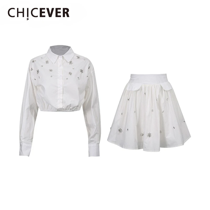 

CHICEVER белый комплект из двух предметов со сращенными бриллиантами, женская рубашка с лацканами и длинными рукавами, нежные повседневные женские комплекты с юбкой, осенняя мода, новинка